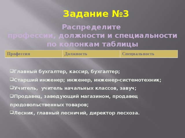 Задание №3 Распределите профессии, должности и специальности по колонкам таблицы Профессия Должность Специальность Главный бухгалтер, кассир, бухгалтер; Старший инженер; инженер, инженер-системотехник; Учитель, учитель начальных классов, завуч; Продавец, заведующий магазином, продавец продовольственных товаров; Лесник, главный лесничий, директор лесхоза.   