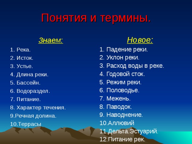 Понятия и термины. Новое: 1. Падение реки. 2. Уклон реки. 3. Расход воды в реке. 4. Годовой сток. 5. Режим реки. 6. Половодье. 7. Межень. 8. Паводок. 9. Наводнение. 10.Аллювий 11.Дельта.Эстуарий. 12.Питание рек. Знаем: 1. Река. 2. Исток. 3. Устье. 4. Длина реки. 5. Бассейн. 6. Водораздел. 7. Питание. 8. Характер течения. 9.Речная долина. 10.Террасы 
