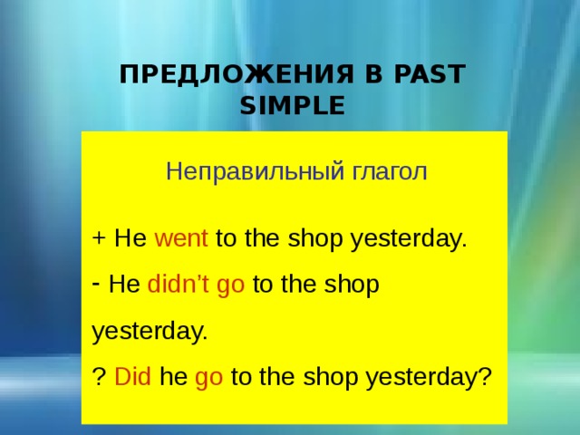 ПРЕДЛОЖЕНИЯ В PAST SIMPLE Неправильный глагол + He went to the shop yesterday.  He didn’t go to the shop yesterday. ? Did he go to the shop yesterday? 