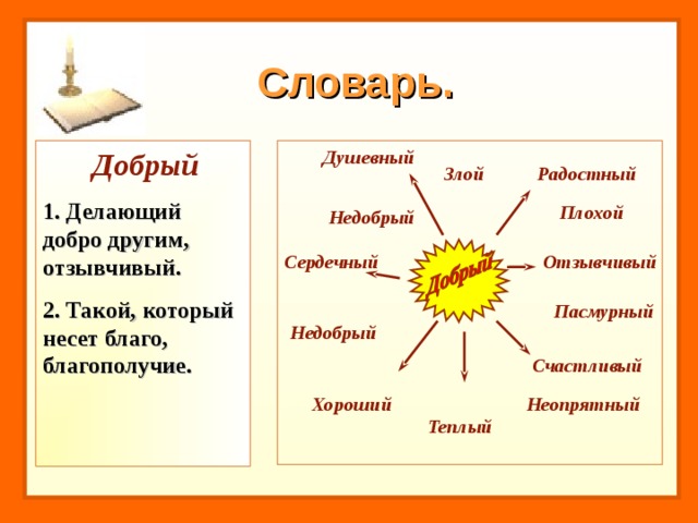 Словарь.  Добрый Душевный 1. Делающий добро другим, отзывчивый. 2. Такой, который несет благо, благополучие.   Злой Радостный Плохой Недобрый Отзывчивый Сердечный Пасмурный Недобрый Счастливый Неопрятный Хороший Теплый 