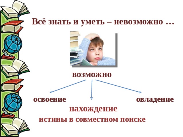 Всё знать и уметь – невозможно … возможно освоение овладение нахождение истины в совместном поиске 