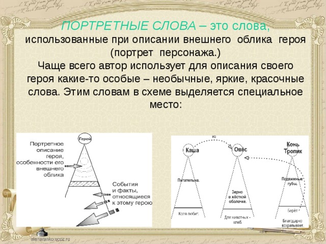 ПОРТРЕТНЫЕ СЛОВА – это слова,  использованные при описании внешнего облика героя (портрет персонажа.)  Чаще всего автор использует для описания своего героя какие-то особые – необычные, яркие, красочные слова. Этим словам в схеме выделяется специальное место: 
