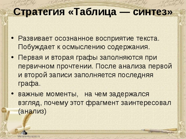 Стратегия «Таблица — синтез»   Развивает осознанное восприятие текста. Побуждает к осмыслению содержания.        Первая и вторая графы заполняются при первичном прочтении. После анализа первой и второй записи заполняется последняя графа. важные моменты, на чем задержался взгляд, почему этот фрагмент заинтересовал (анализ)    С опорой на анализ ученик в конце пишет небольшой отзыв. Важно поразмышлять о личном восприятии прочитанного произведения.  