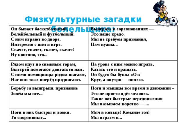 Физкультурные загадки болельщика: Он бывает баскетбольный, Выиграть в соревнованиях — Рядом идут по снежным горам, Волейбольный и футбольный. С ним играют во дворе, На уроке с ним можно играть, Борьбу за выигрыш, признание Быстрей помогают двигаться нам. Это наше кредо. С ними помощницы рядом шагают, Ноги в них быстры и ловки. Мы не требуем признания, Зовём мы все... Ноги и мышцы все время в движении – Интересно с ним в игре. Катать его и вращать. То спортивные... Нам нужна... Он будто бы буква «О»: Нас они тоже вперёд продвигают. Мяч в кольце! Команде гол! Скачет, скачет, скачет, скачет! Это не просто идёт человек. Мы играем в... Круг, а внутри — ничего. Такие вот быстрые передвижения Ну конечно, это... Мы называем коротко — ... 