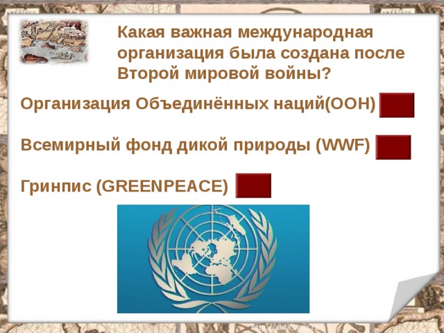 Какая важная международная организация была создана после Второй мировой войны? Организация Объединённых наций(ООН)  Всемирный фонд дикой природы ( WWF )  Гринпис ( GREENPEACE )  