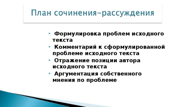  Формулировка проблем исходного текста  Комментарий к сформулированной проблеме исходного текста  Отражение позиции автора исходного текста  Аргументация собственного мнения по проблеме  