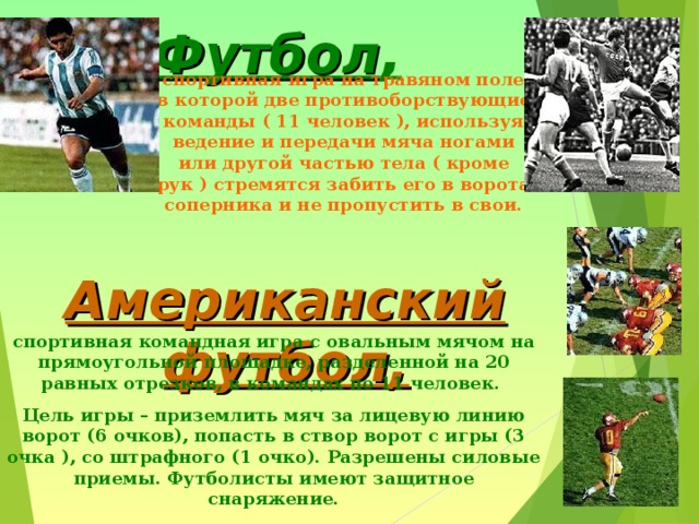 Футбол ,    спортивная игра на травяном поле, в которой две противоборствующие команды ( 11 человек ), используя ведение и передачи мяча ногами или другой частью тела ( кроме рук ) стремятся забить его в ворота соперника и не пропустить в свои. Американский футбол, спортивная командная игра с овальным мячом на прямоугольной площадке, разделенной на 20 равных отрезков, в командах по 11 человек. Цель игры – приземлить мяч за лицевую линию ворот (6 очков), попасть в створ ворот с игры (3 очка ), со штрафного (1 очко). Разрешены силовые приемы. Футболисты имеют защитное снаряжение. 