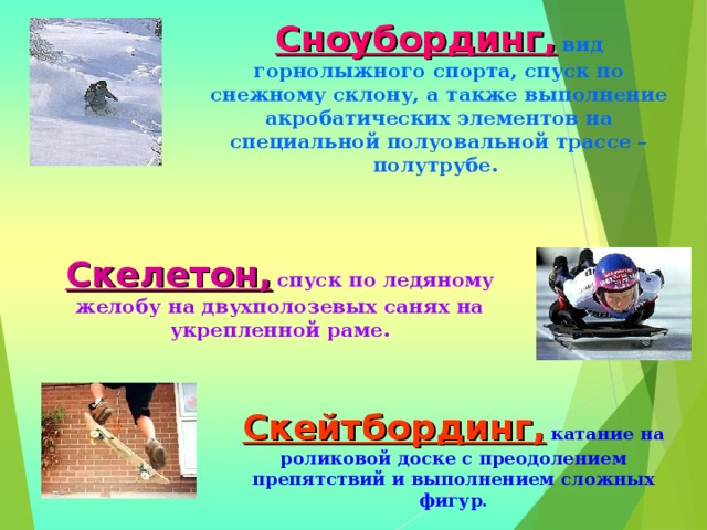 Сноубординг,  вид горнолыжного спорта, спуск по снежному склону, а также выполнение акробатических элементов на специальной полуовальной трассе – полутрубе. Скелетон,  спуск по ледяному желобу на двухполозевых санях на укрепленной раме. Скейтбординг,  катание на роликовой доске с преодолением препятствий и выполнением сложных фигур. 