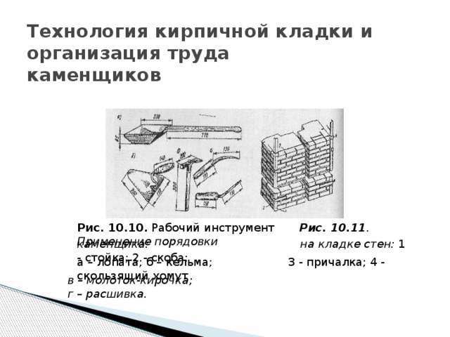 Технология кирпичной кладки и организация труда  каменщиков Рис. 10.10. Рабочий инструмент Рис. 10.11 . Применение поря­довки каменщика:  на кладке стен: 1 - стойка; 2 - скоба; а – лопата; б – кельма; 3 - при­чалка; 4 - скользящий хомут в – молоток-кирочка; г – расшивка. 
