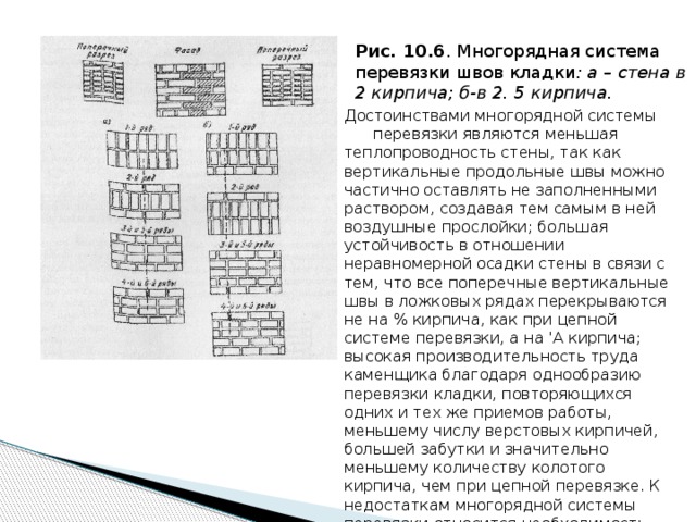 Рис. 10.6 . Многорядная система перевязки швов кладки : а – стена в 2 кирпича; б-в 2. 5 кирпича. Достоинствами многорядной системы перевязки являются меньшая теплопроводность стены, так как вертикальные продольные швы можно частично оставлять не заполненными раствором, создавая тем самым в ней воздушные прослойки; большая устойчивость в отношении неравномерной осадки стены в связи с тем, что все поперечные вертикальные швы в ложковых рядах перекрываются не на % кирпича, как при цепной системе пере­вязки, а на 'А кирпича; высокая производительность труда каменщика бла­годаря однообразию перевязки кладки, повторяющихся одних и тех же приемов работы, меньшему числу верстовых кирпичей, большей забутки и значительно меньшему количеству колотого кирпича, чем при цепной пе­ревязке. К недостаткам многорядной системы перевязки относится необхо­димость применения трехчетвертных кирпичей для перевязки швов и чет­верок в углах и простенках. 