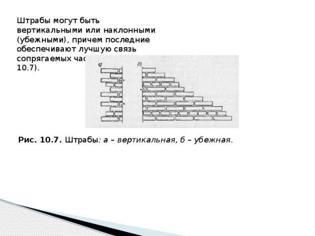 Штрабы могут быть вертикальными или наклонными (убежными), причем последние обеспечивают лучшую связь сопрягаемых частей здания (рис. 10.7). Рис. 10.7. Штрабы : а – вертикальная, б – убежная . 