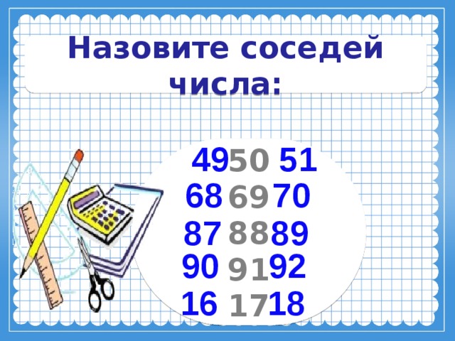 Назовите соседей числа: 49  51 50 69 88 91 17 68 70 87 89 90 92 16 18 