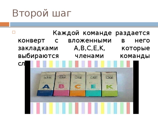 Второй шаг  Каждой команде раздается конверт с вложенными в него закладками A,B,C,E,K, которые выбираются членами команды случайным образом. 