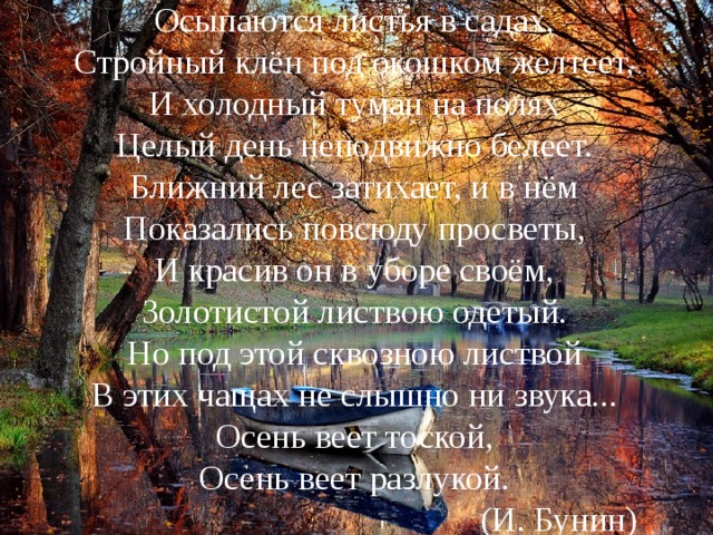 Осыпаются листья в садах, Стройный клён под окошком желтеет, И холодный туман на полях Целый день неподвижно белеет. Ближний лес затихает, и в нём Показались повсюду просветы, И красив он в уборе своём, Золотистой листвою одетый. Но под этой сквозною листвой В этих чащах не слышно ни звука... Осень веет тоской, Осень веет разлукой. (И. Бунин) 