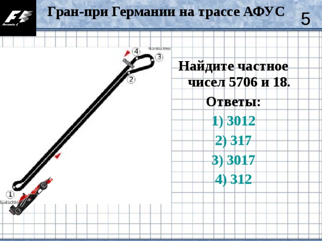 Гран-при Германии на трассе АФУС  5 Найдите частное чисел 5706 и 18. Ответы: 1) 3012 2) 317 3) 3017 4) 312