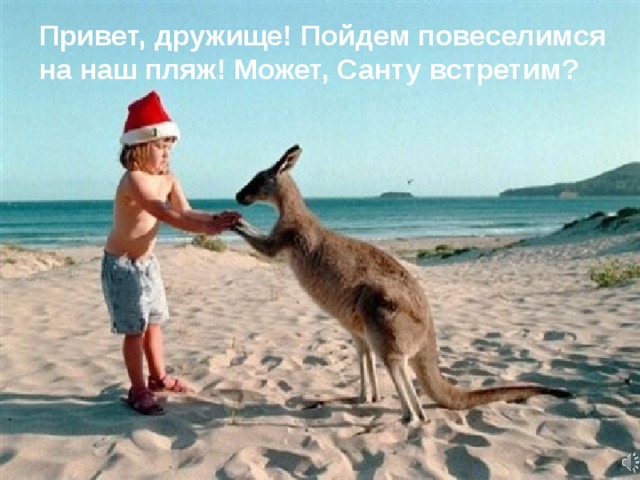 Привет, дружище! Пойдем повеселимся на наш пляж! Может, Санту встретим? 