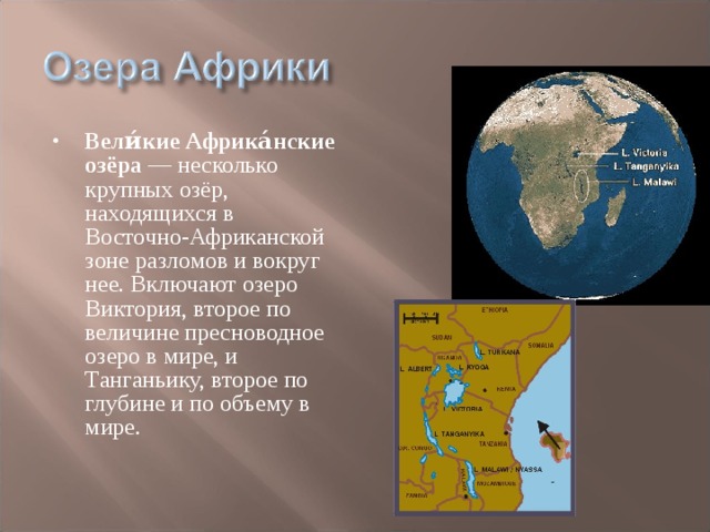 Вели́кие Африка́нские озёра — несколько крупных озёр, находящихся в Восточно-Африканской зоне разломов и вокруг нее. Включают озеро Виктория, второе по величине пресноводное озеро в мире, и Танганьику, второе по глубине и по объему в мире. 