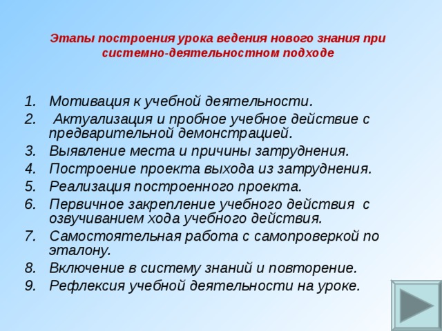 Этапы построения урока ведения нового знания при системно-деятельностном подходе       Мотивация к учебной деятельности.  Актуализация и пробное учебное действие с предварительной демонстрацией. Выявление места и причины затруднения. Построение проекта выхода из затруднения. Реализация построенного проекта. Первичное закрепление учебного действия с озвучиванием хода учебного действия. Самостоятельная работа с самопроверкой по эталону. Включение в систему знаний и повторение. Рефлексия учебной деятельности на уроке. 