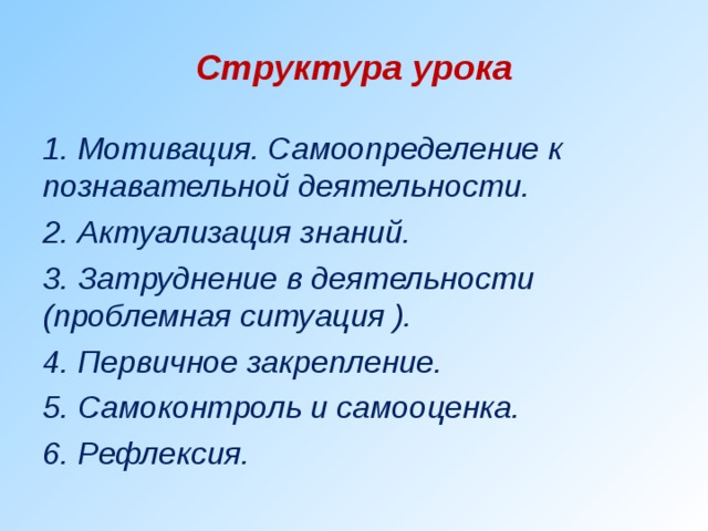 Структура урока 1. Мотивация. Самоопределение к познавательной деятельности. 2. Актуализация знаний. 3. Затруднение в деятельности (проблемная ситуация ). 4. Первичное закрепление. 5. Самоконтроль и самооценка. 6. Рефлексия. 