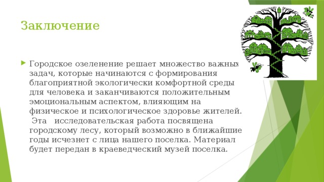 Заключение Городское озеленение решает множество важных задач, которые начинаются с формирования благоприятной экологически комфортной среды для человека и заканчиваются положительным эмоциональным аспектом, влияющим на физическое и психологическое здоровье жителей. Эта исследовательская работа посвящена городскому лесу, который возможно в ближайшие годы исчезнет с лица нашего поселка. Материал будет передан в краеведческий музей поселка. 