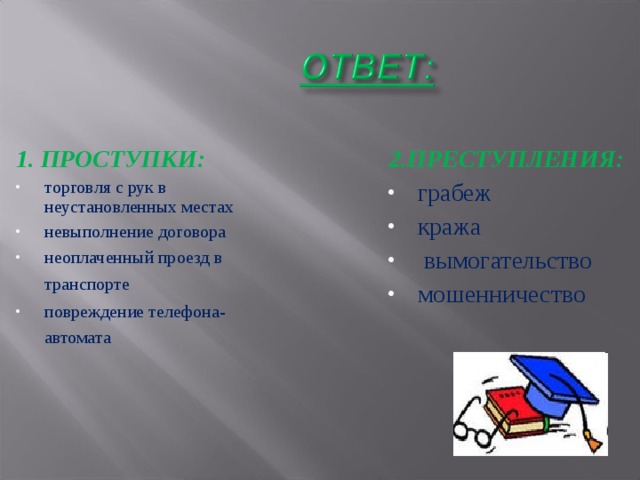 1. ПРОСТУПКИ: 2.ПРЕСТУПЛЕНИЯ: торговля с рук в неустановленных местах невыполнение договора неоплаченный проезд в транспорте  повреждение телефона-автомата    грабеж кража  вымогательство мошенничество  