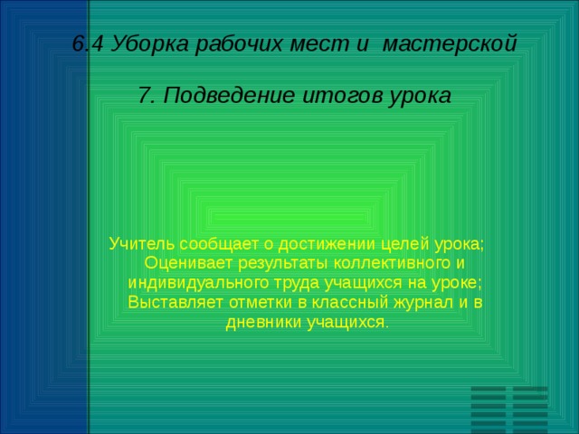6.4 Уборка рабочих мест и мастерской 7. Подведение итогов урока     Учитель сообщает о достижении целей урока;  Оценивает результаты коллективного и  индивидуального труда учащихся на уроке;  Выставляет отметки в классный журнал и в  дневники учащихся . 