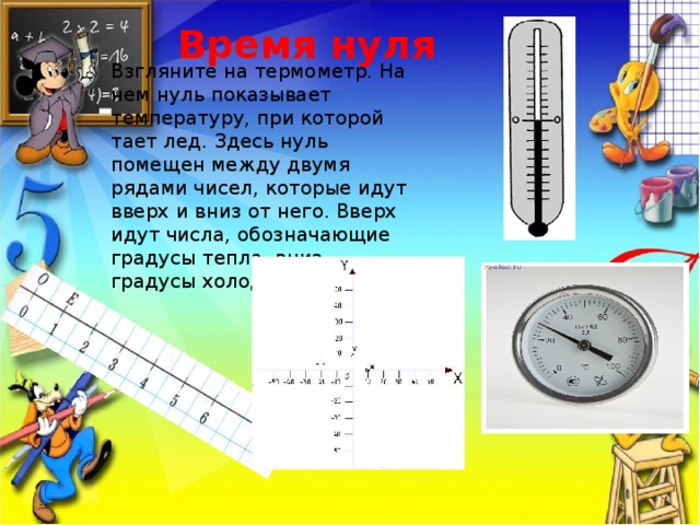 Время нуля Взгляните на термометр. На нем нуль показывает температуру, при которой тает лед. Здесь нуль помещен между двумя рядами чисел, которые идут вверх и вниз от него. Вверх идут числа, обозначающие градусы тепла, вниз – градусы холода.  
