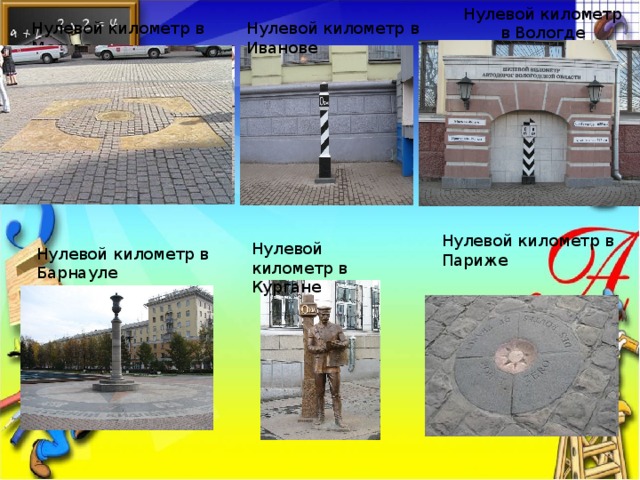 Нулевой километр в Вологде Нулевой километр в Москве Нулевой километр в Иванове  Нулевой километр в Париже Нулевой километр в Кургане Нулевой километр в Барнауле 