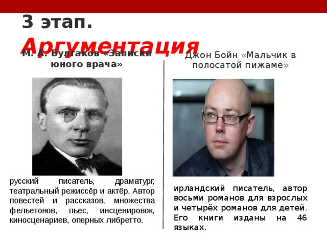 3 этап. Аргументация М. А. Булгаков «Записки юного врача»  Джон Бойн «Мальчик в полосатой пижаме»   ирландский писатель, автор восьми романов для взрослых и четырёх романов для детей. Его книги изданы на 46 языках. русский писатель, драматург, театральный режиссёр и актёр. Автор повестей и рассказов, множества фельетонов, пьес, инсценировок, киносценариев, оперных либретто. 