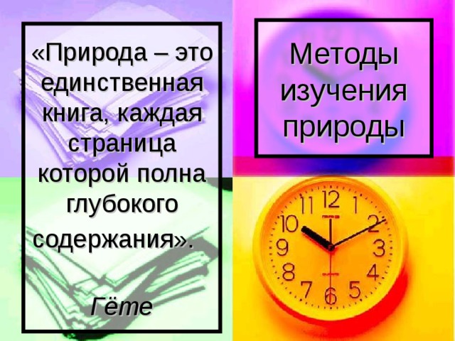 Методы изучения природы «Природа – это единственная книга, каждая страница которой полна глубокого содержания».    Гёте 