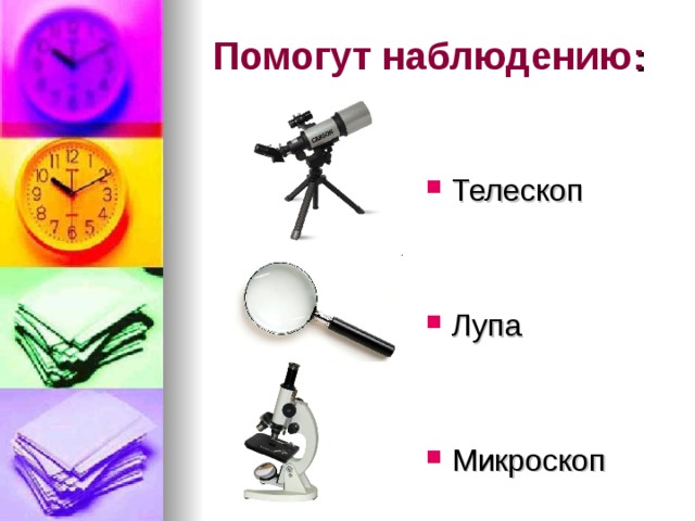 Помогут  наблюдению : Телескоп   Лупа   Микроскоп 