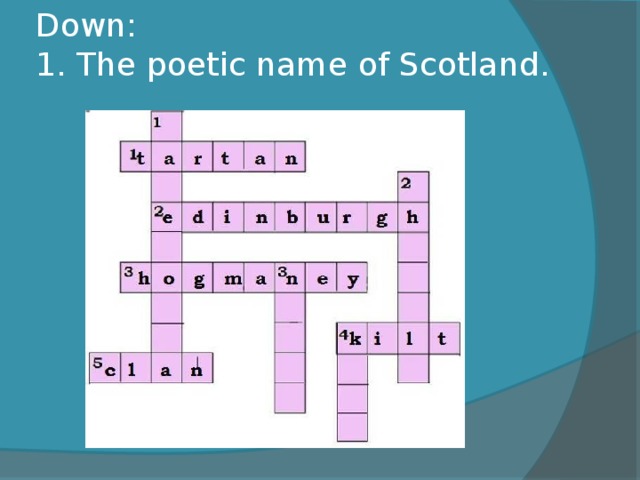Down:  1. The poetic name of Scotland.   