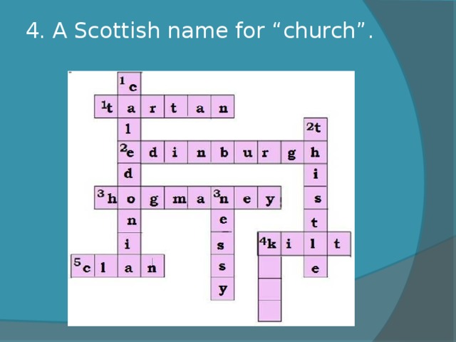 4. A Scottish name for “church”.   
