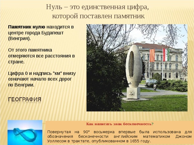Нуль – это единственная цифра, которой поставлен памятник Памятник нулю  находится в центре города Будапешт (Венгрия). От этого памятника отмеряются все расстояния в стране. Цифра 0 и надпись 