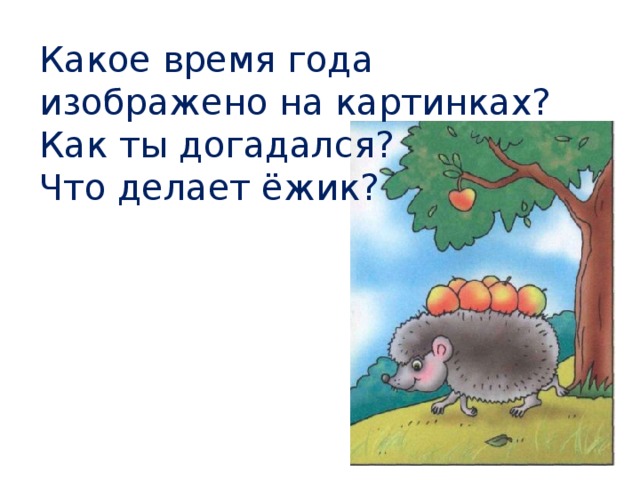 Какое время года изображено на картинках? Как ты догадался? Что делает ёжик? 