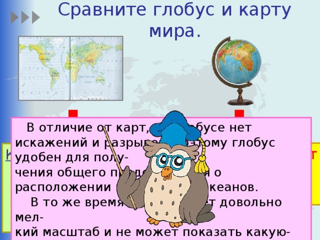 Сравните глобус и карту мира.  В отличие от карт, на глобусе нет искажений и разрывов, поэтому глобус удобен для полу- чения общего представления о расположении материков и океанов.  В то же время глобус имеет довольно мел- кий масштаб и не может показать какую-либо местность подробно. Глобус  изображает  форму Земли и ее  поверхность. Карта – это земная поверхность или ее участок, изображенный  на плоскости. 