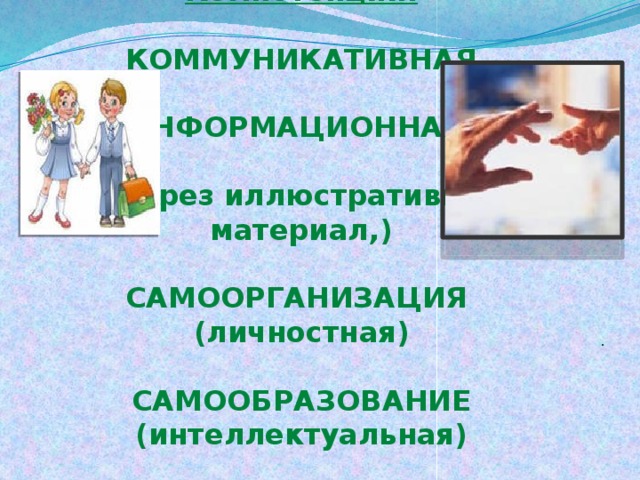 Компетенции:   КОММУНИКАТИВНАЯ   ИНФОРМАЦИОННАЯ   (через иллюстративный материал,)   САМООРГАНИЗАЦИЯ  (личностная)   САМООБРАЗОВАНИЕ (интеллектуальная) . 