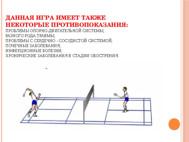 Данная игра имеет также некоторые противопоказания:  Проблемы опорно-двигательной системы;  Разного рода травмы;  Проблемы с сердечно - сосудистой системой;  Почечные заболевания;  Инфекционные болезни;  Хронические заболевания в стадии обострения.     