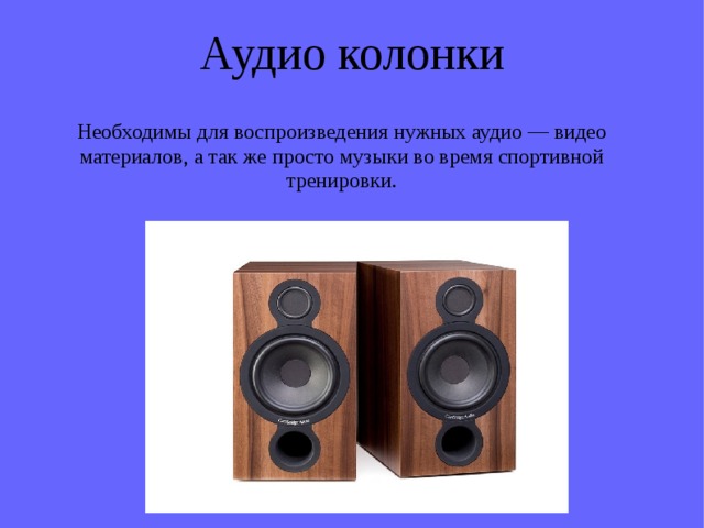 Аудио колонки Необходимы для воспроизведения нужных аудио — видео материалов, а так же просто музыки во время спортивной тренировки. 