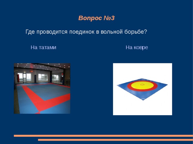 Вопрос №3 Где проводится поединок в вольной борьбе? На татами На ковре 