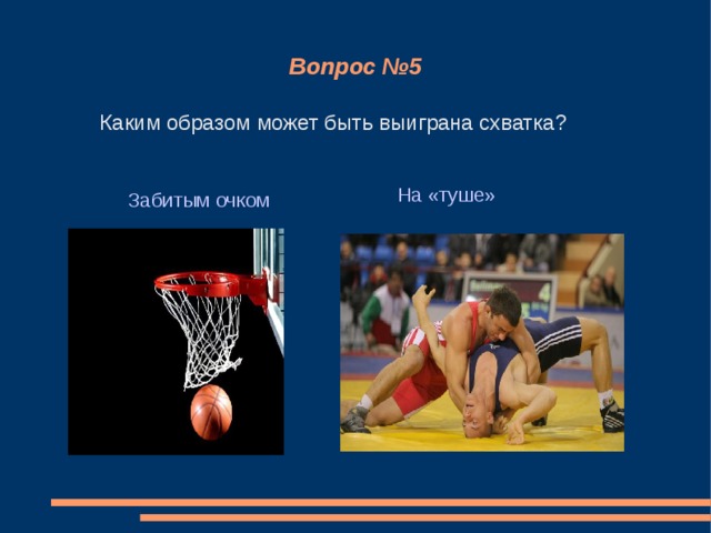 Вопрос №5 Каким образом может быть выиграна схватка? На «туше» Забитым очком 