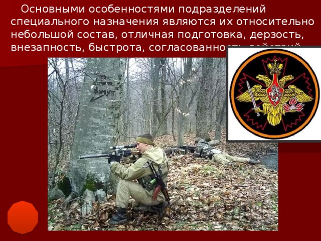 Основными особенностями подразделений специального назначения являются их относительно небольшой состав, отличная подготовка, дерзость, внезапность, быстрота, согласованность действий.