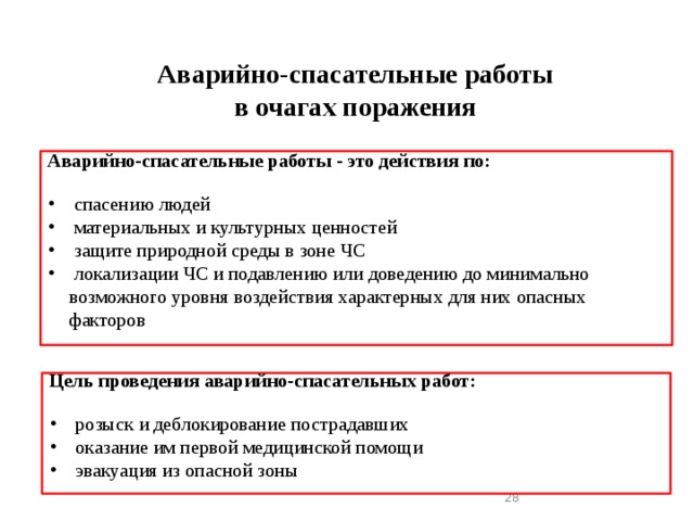 Аварийно-спасательные работы в очагах поражения Аварийно-спасательные работы - это действия по:   спасению людей  материальных и культурных ценностей  защите природной среды в зоне ЧС  локализации ЧС и подавлению или доведению до минимально возможного уровня воздействия характерных для них опасных факторов  Цель проведения аварийно-спасательных работ:   розыск и деблокирование пострадавших  оказание им первой медицинской помощи  эвакуация из опасной зоны   