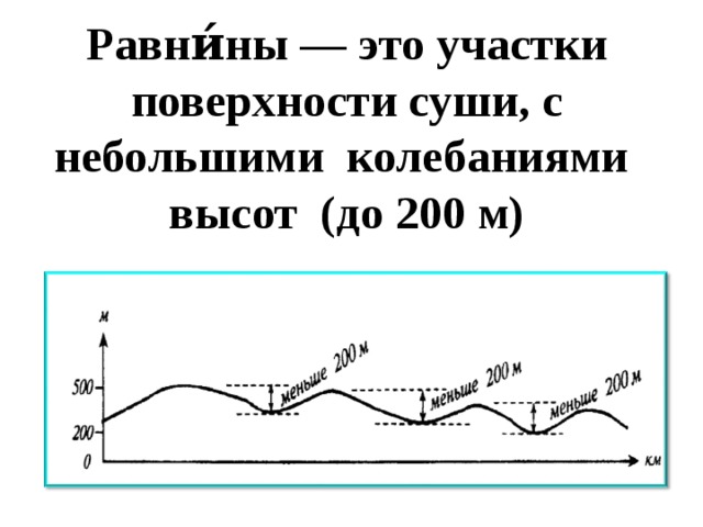   Равни́ны — это участки поверхности суши, с небольшими колебаниями высот (до 200 м)   