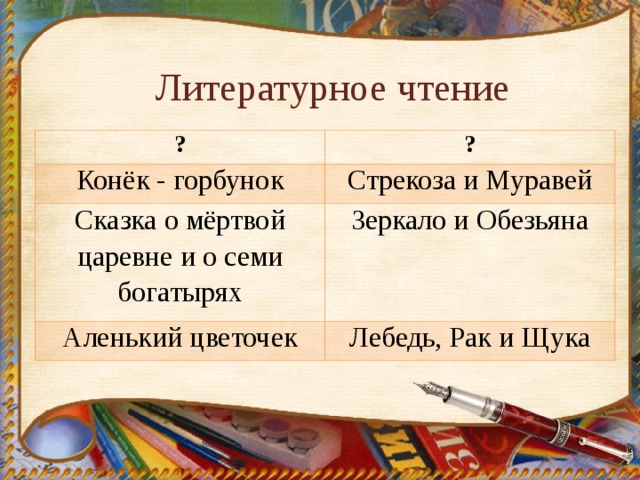  Литературное чтение   ? ? Конёк - горбунок Стрекоза и Муравей Сказка о мёртвой царевне и о семи богатырях Зеркало и Обезьяна Аленький цветочек Лебедь, Рак и Щука 