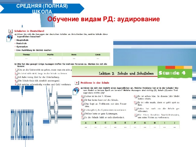 СРЕДНЯЯ (ПОЛНАЯ) ШКОЛА Обучение видам РД: аудирование  
