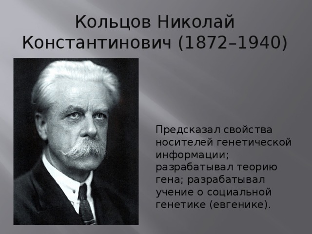 Кольцов Николай Константинович (1872–1940) Предсказал свойства носителей генетической информации; разрабатывал теорию гена; разрабатывал учение о социальной генетике (евгенике). 