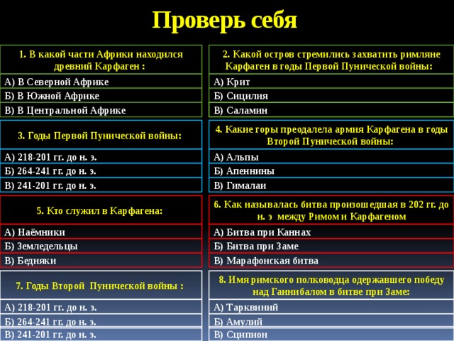 Проверь себя 2. Какой остров стремились захватить римляне Карфаген в годы Первой Пунической войны: 1. В какой части Африки находился древний Карфаген : А) В Северной Африке А) Крит Б) В Южной Африке Б) Сицилия В) В Центральной Африке В) Саламин 4. Какие горы преодалела армия Карфагена в годы Второй Пунической войны: 3. Годы Первой Пунической войны:  А) Альпы А) 218-201 гг. до н. э.   Б) Апеннины Б) 264-241 гг. до н. э.  В) 241-201 гг. до н. э. В) Гималаи 5. Кто служил в Карфагена: 6. Как называлась битва произошедшая в 202 гг. до н. э между Римом и Карфагеном А) Битва при Каннах  А) Наёмники   Б) Битва при Заме Б) Земледельцы  В) Бедняки В) Марафонская битва 8. Имя римского полководца одержавшего победу над Ганнибалом в битве при Заме: 7. Годы Второй Пунической войны :  А) Тарквиний А) 218-201 гг. до н. э.   Б) Амулий Б) 264-241 гг. до н. э.  В) 241-201 гг. до н. э. В) Сципион 
