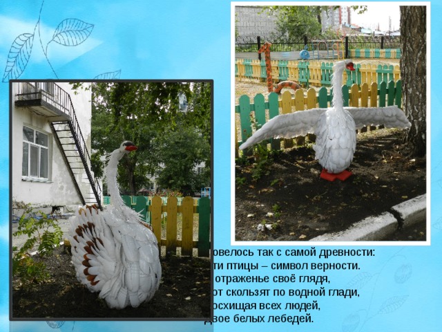 Повелось так с самой древности:  Эти птицы – символ верности.  В отраженье своё глядя,  Вот скользят по водной глади,  Восхищая всех людей,  Двое белых лебедей. 