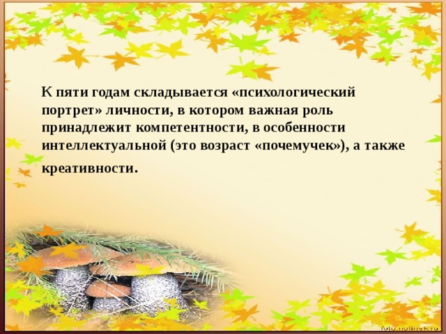 К пяти годам складывается «психологический портрет» личности, в котором важная роль принадлежит компетентности, в особенности интеллектуальной (это возраст «почемучек»), а также креативности . 